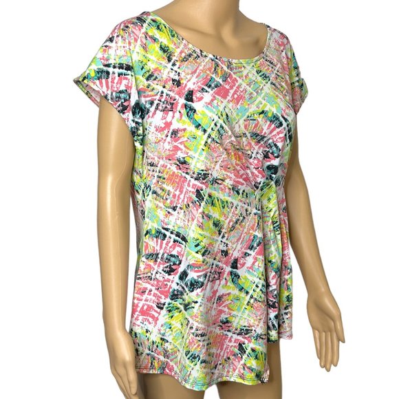 Relativity Womens L Stretch Multicolor Yellow Pink Cap Short Sleeve Shirt Blouse - Picture 3 of 11